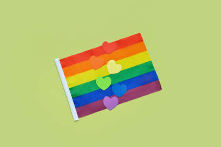 Colorful hearts with LGBT flag on color background