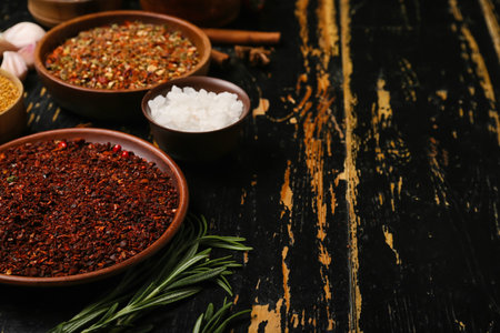 Bowls of aromatic spices on dark wooden background, closeupの写真素材
