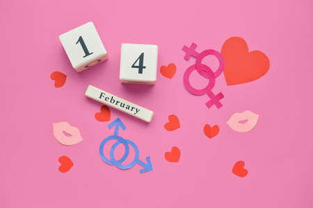 Calendar with date of Valentines Day, symbols of woman and man with hearts on color background. LGBT...
