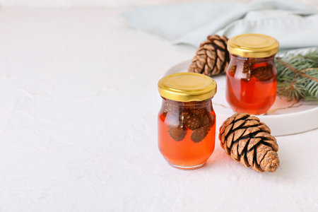 Jars of tasty pine cone jam on light backgroundの写真素材