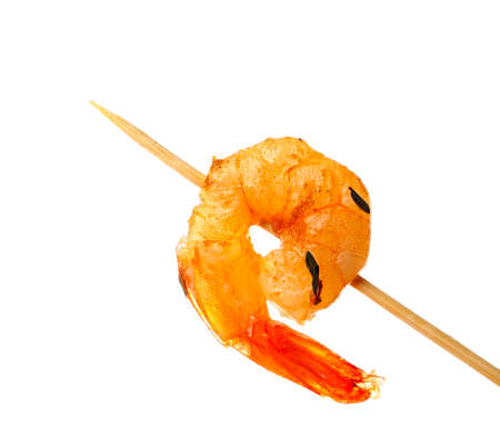 Tasty grilled shrimp skewer on white backgroundの写真素材