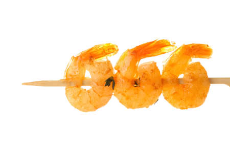 Tasty grilled shrimp skewer on white backgroundの写真素材