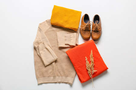 Stylish children's clothes, shoes and reed flowers on white background