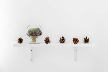 Shelf with pine cones and candle hanging on wall in room