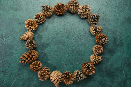 Frame made of pine cones on dark background