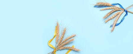 Wheat spikelets and ribbons in colors of Ukrainian flag on light blue background with space for textの写真素材