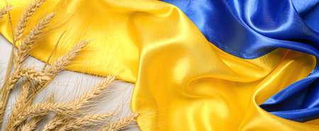 Wheat spikelets and Ukrainian flag on light background, closeupの写真素材