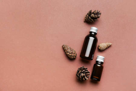 Bottles of essential oil and cones on color backgroundの写真素材