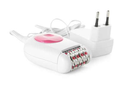 Modern epilator and charger on white background