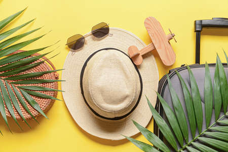 Female accessories, palm leaves and suitcase on yellow backgroundの写真素材