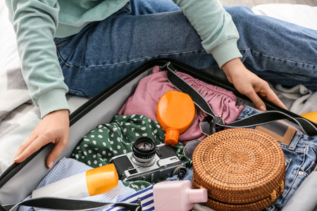 Woman preparing suitcase for travelling, closeup