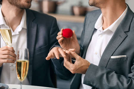 Young gay putting engagement ring on his boyfriend's finger during romantic dateの写真素材