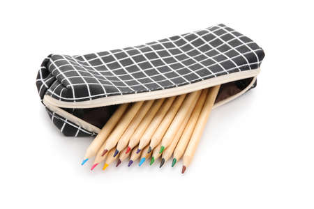 Case with color pencils isolated on white backgroundの写真素材