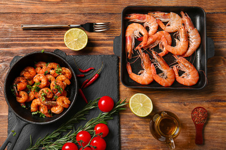 Baking dish and frying pan of tasty shrimps with lemon on wooden backgroundの写真素材