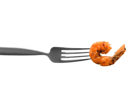 Fork with tasty shrimp tail on white background