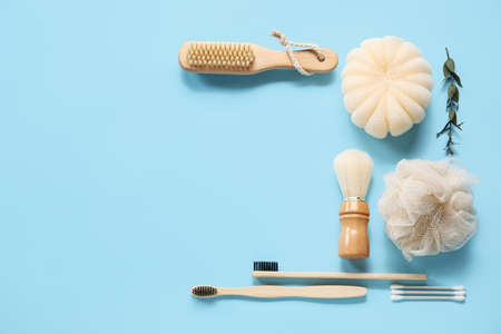 Composition with different bath supplies on color backgroundの写真素材