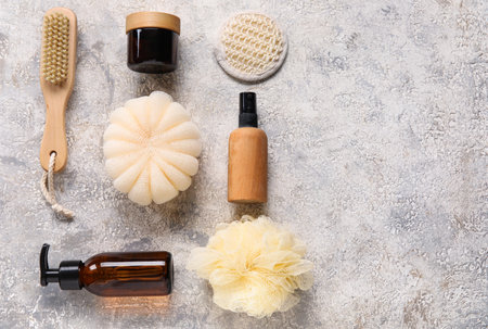 Set of bath accessories and cosmetics on grunge backgroundの写真素材