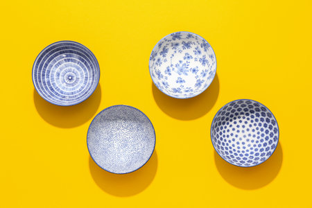 Chinese bowls on color backgroundの写真素材