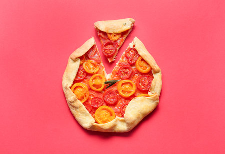 Tasty tomato galette on red backgroundの写真素材