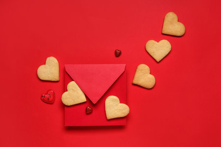 Tasty heart shaped cookies and envelope on red background. valentine's day celebrationの写真素材