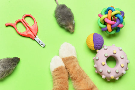 Paws of cute cat and toys on green backgroundの写真素材