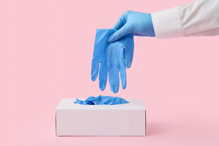 Doctor taking blue medical glove from box on pink backgroundの写真素材