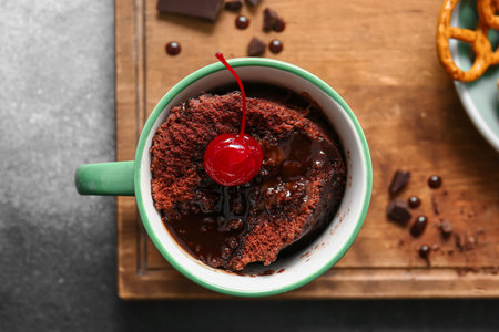 Cup with tasty chocolate brownie on tableの写真素材