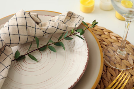 Stylish table setting with green branch, closeupの写真素材
