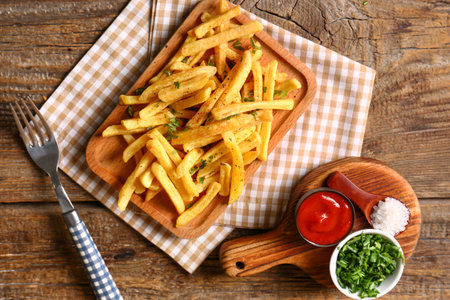 Board with tasty french fries and ketchup on wooden background