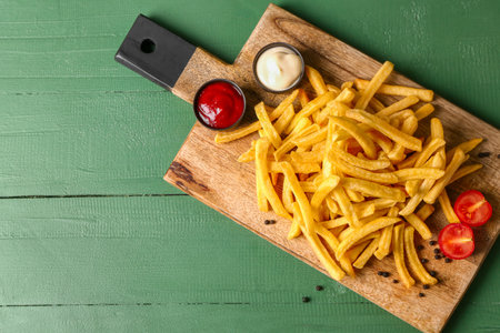 Board with tasty french fries on wooden background