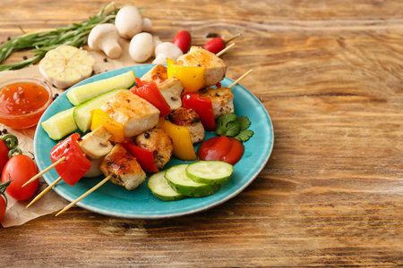 Plate of grilled chicken skewers with vegetables on wooden backgroundの写真素材