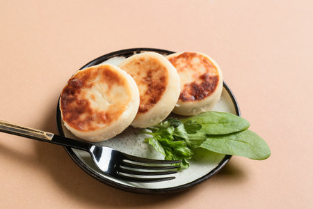 Plate with tasty cottage cheese pancakes on color background, closeupの素材 [FY310188390695]