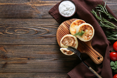 Board with tasty cottage cheese pancakes, sauce and tomato on wooden background