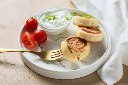 Plate with tasty cottage cheese pancakes, sauce and tomato on color background, closeupの写真素材
