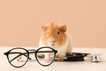 Funny Guinea pig with eyeglasses and stethoscope on table against beige backgroundの写真素材