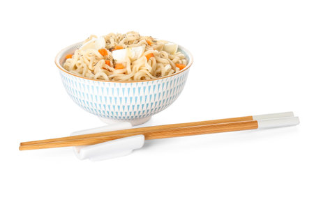 Bowl of tasty noodles with eggs isolated on white backgroundの写真素材