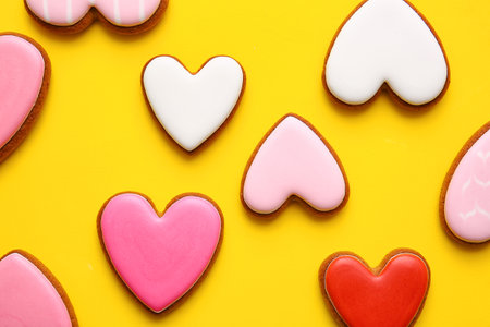 Tasty heart shaped cookies on yellow backgroundの写真素材