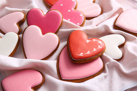 Tasty heart shaped cookies on table