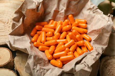 Parchment with turmeric powder capsules on table, closeupの写真素材
