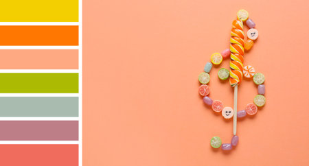 Violin clef made of sweet candies on beige background. different color patternsの写真素材