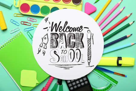 Poster with different stationery and text WELCOME BACK TO SCHOOL on color background