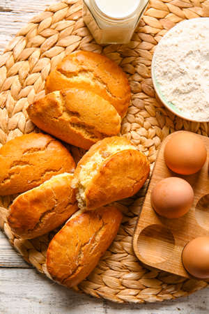 Tasty sochniki with cottage cheese on tableの写真素材