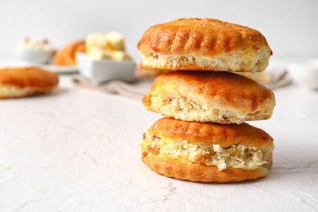 Tasty sochniki with cottage cheese on white backgroundの写真素材