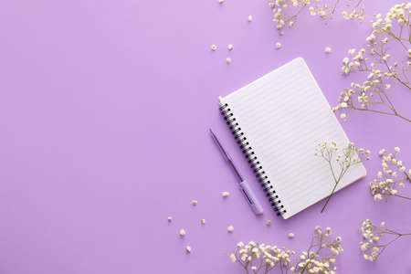 Blank notebook, pen and gypsophila flowers on lilac backgroundの写真素材