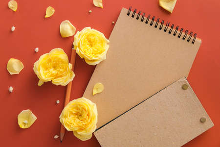 Composition with notebooks and rose flowers on color backgroundの写真素材