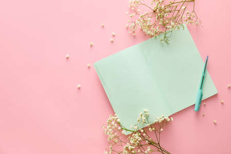 Blank open notebook, pen and gypsophila flowers on pink backgroundの写真素材