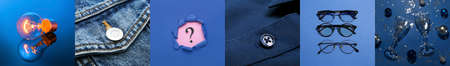 Creative collage of different photos in blue colorsの写真素材