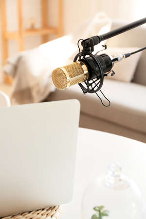 Modern professional microphone in light roomの写真素材