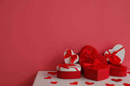 Heap of gifts for Valentine's Day on table in room