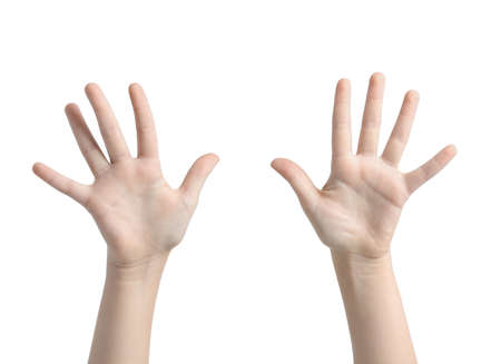Child's hands on white backgroundの写真素材